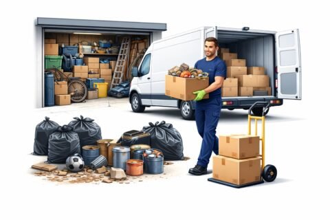 Professional mover removing boxed items from a cluttered home storage space