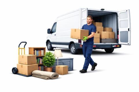 Professional mover carrying boxes into a white removal van for a small move