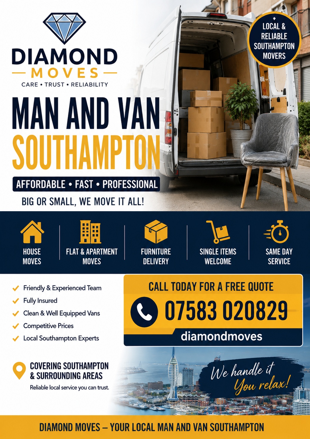 Professional man and van Southampton house removals and furniture delivery services across Hampshire